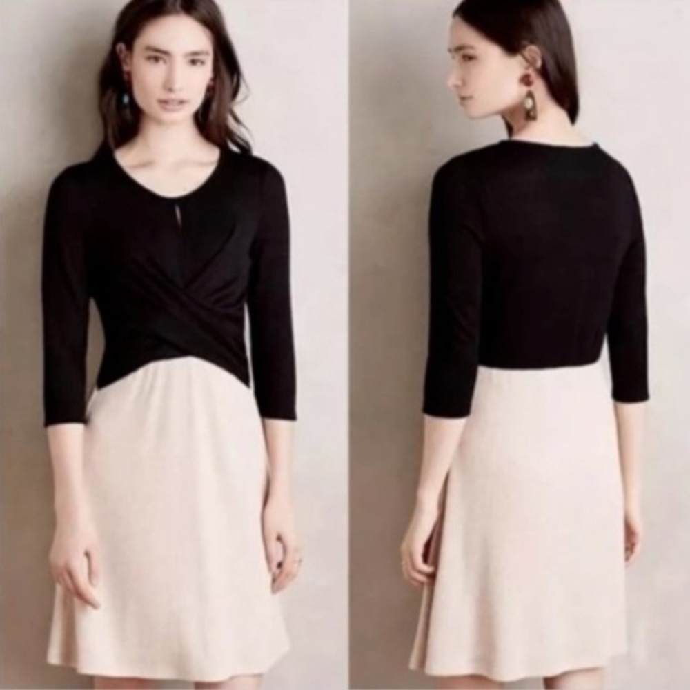 Amadi Anthropologie Knit Wrap Midi Dress Black Beige Petite S CD 6126